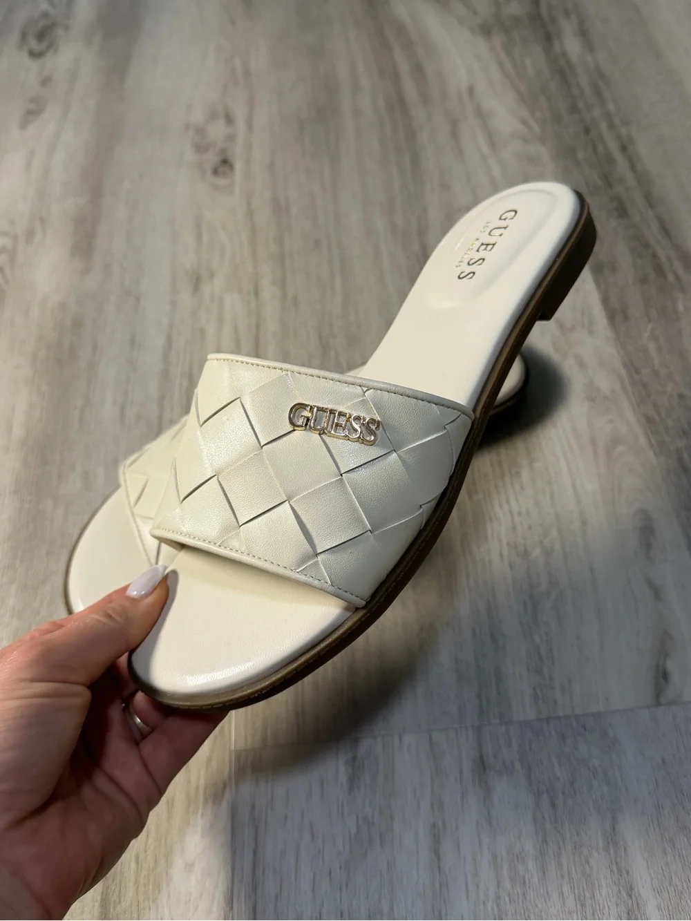 GUESS Cream Woven Slide Sandals with Gold Logo